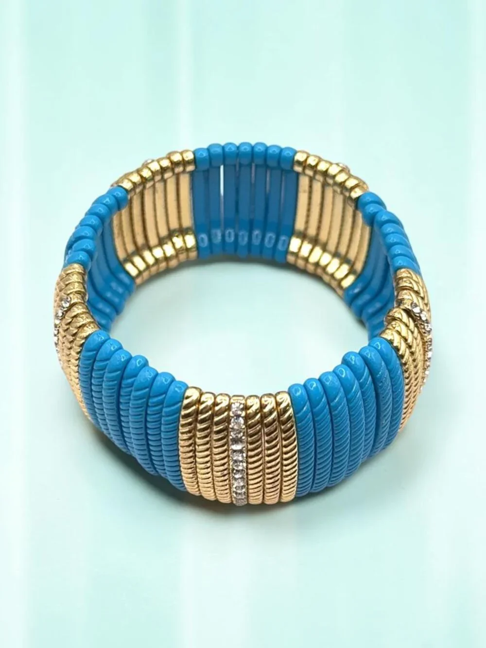Turquoise and Gold Stretch Bracelet with Rhinestone Accents